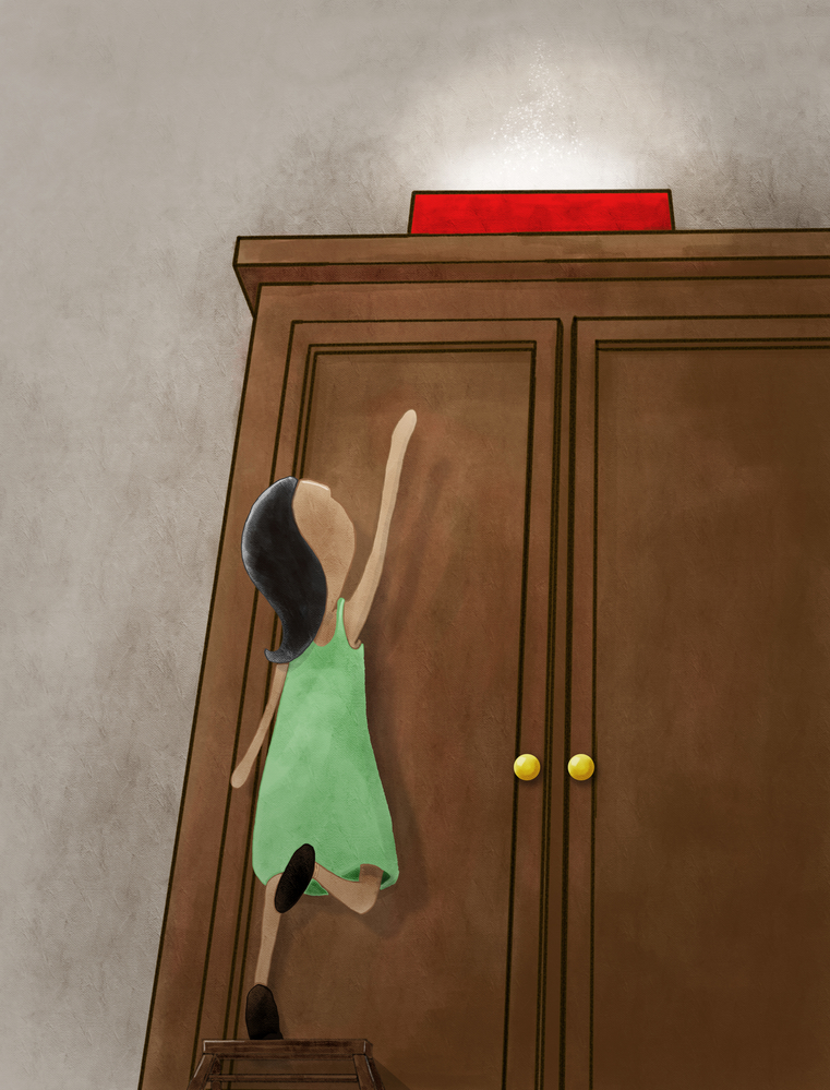 Child climbing wooden stairs in front of wardrobe.